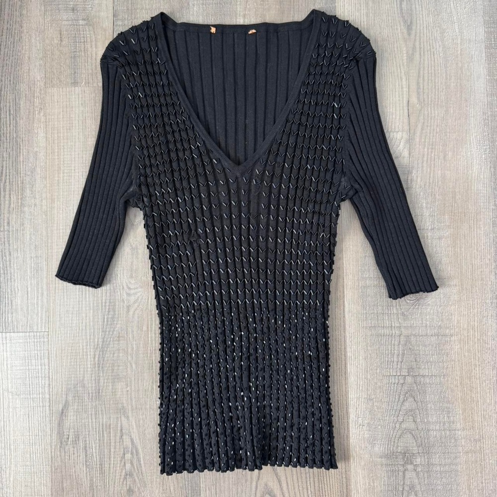 Womens Black Beaded V-Neck Top 3/4 Sleeve Ribbed Knit Evening Blouse